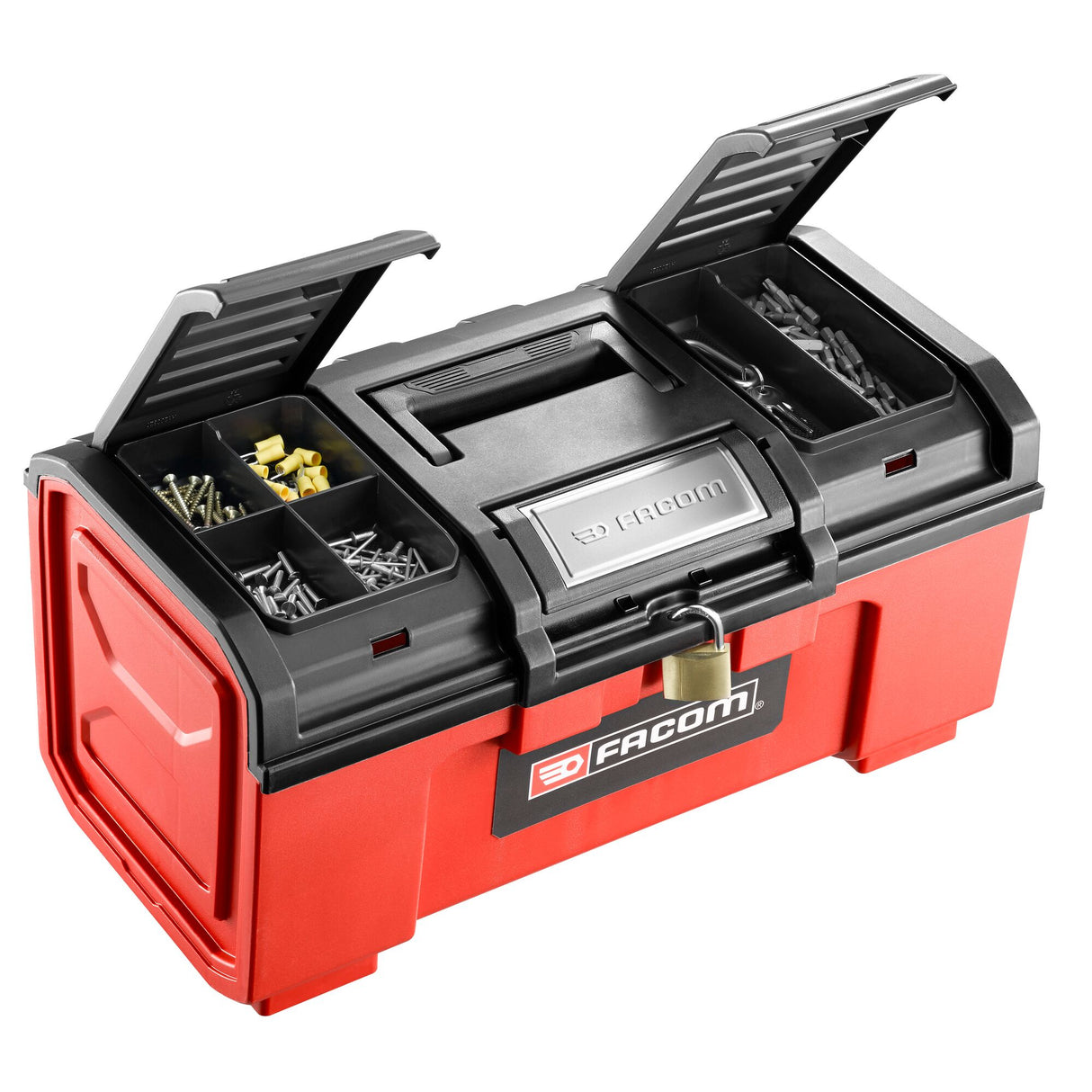 Boîte à outils Facom rouge et noire avec compartiments ouverts, marque Facom visible