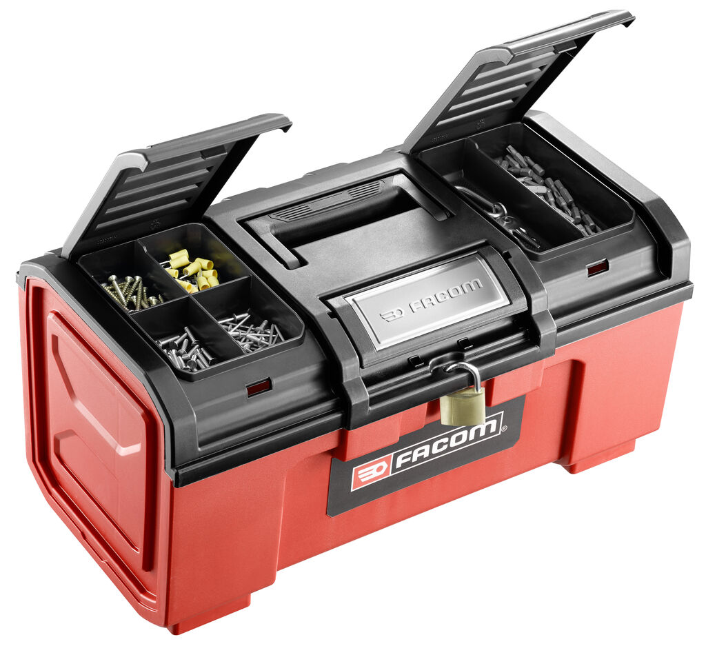 Boîte à outils Facom rouge et noire, plusieurs compartiments ouverts, plastique.