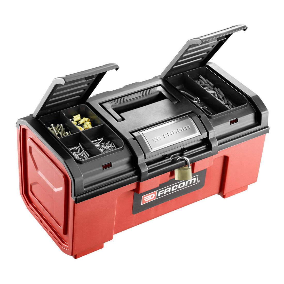 Boîte à outils Facom rouge et noire avec compartiments ouverts