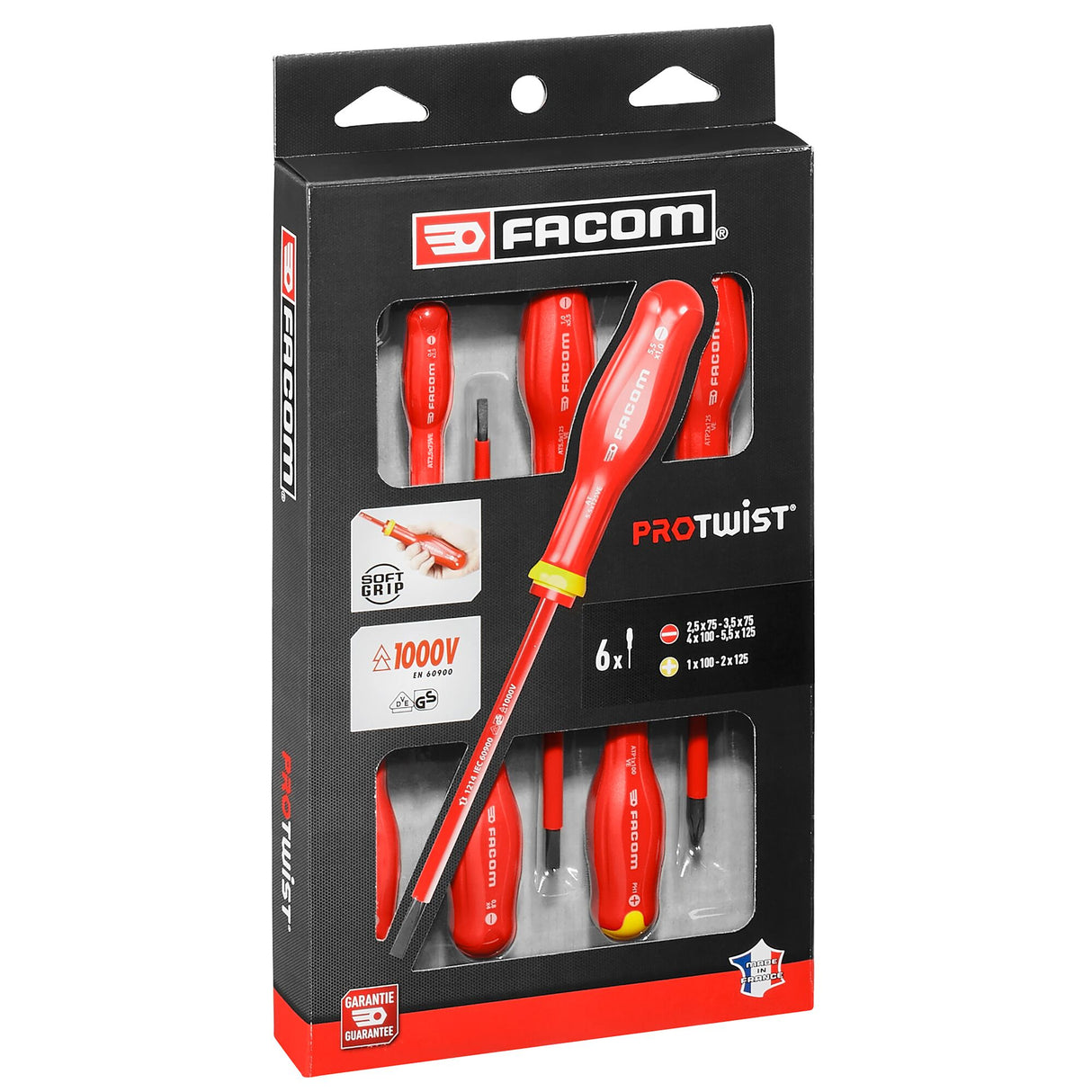 Coffret de tournevis isolés Facom PROTWIST rouges pour électricien, 6 pièces.
