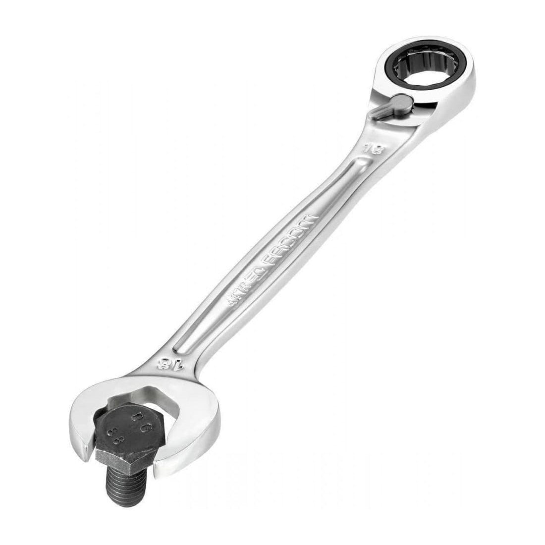 Clé mixte chromée Facom, outil argenté pour plomberie et outillage.