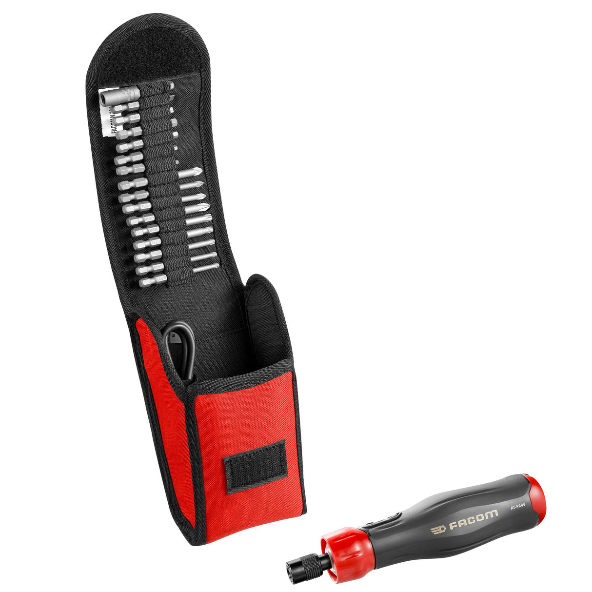 Tournevis à cliquet Facom, noir et rouge, avec embouts et pochette de rangement.