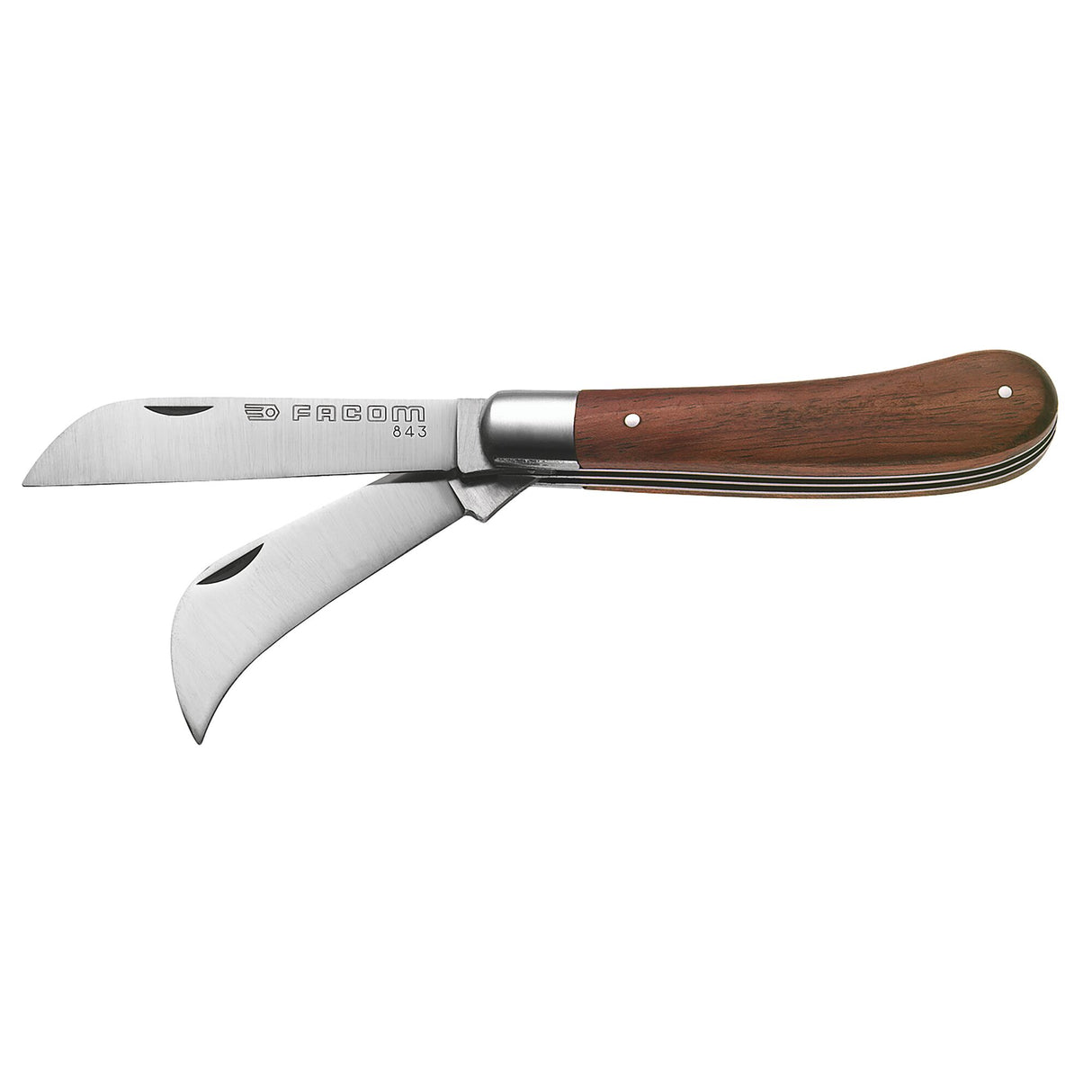 Couteau de poche Facom, manche bois marron, deux lames inox visibles.