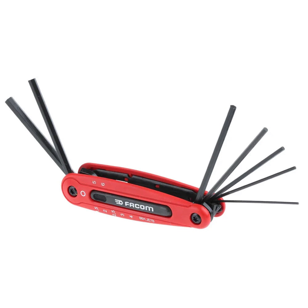 Clé mâle pliante Facom, jeu d'outils hexagonaux noirs, manche rouge.