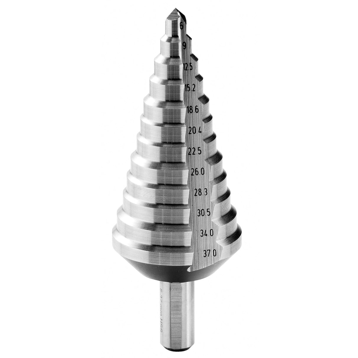 Foret étagé Facom, couleur argent, outil conique pour perçage multi-diamètre.