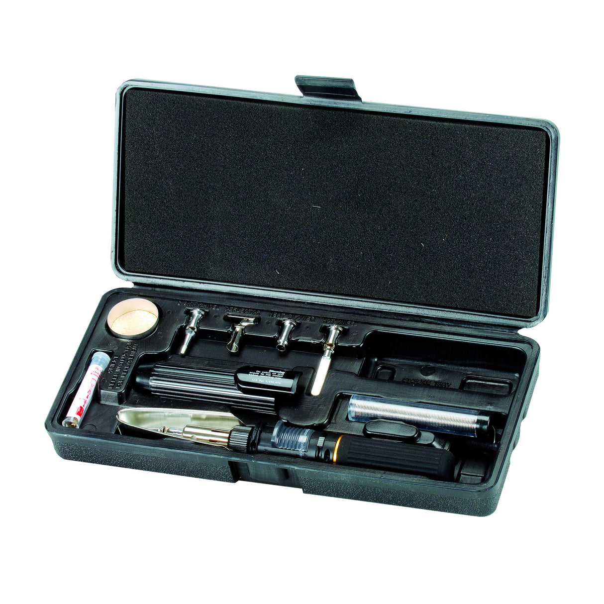 Coffret noir fer à souder Facom avec embouts multiples, outils métalliques et accessoires.