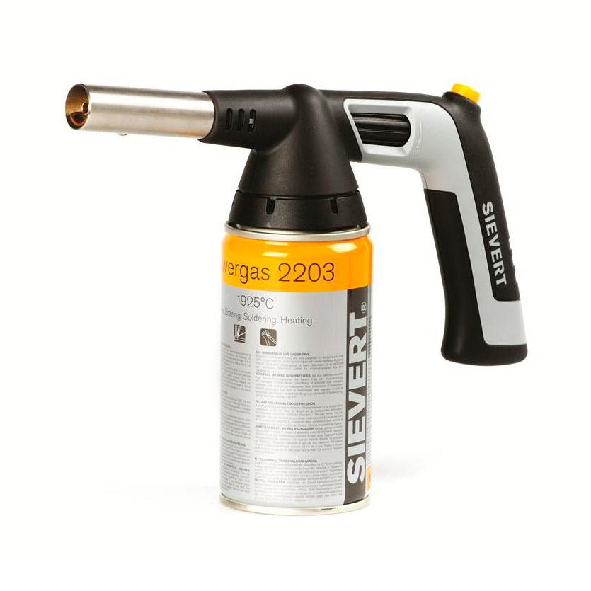 Chalumeau professionnel Sievert, outillage noir et gris, cartouche jaune.