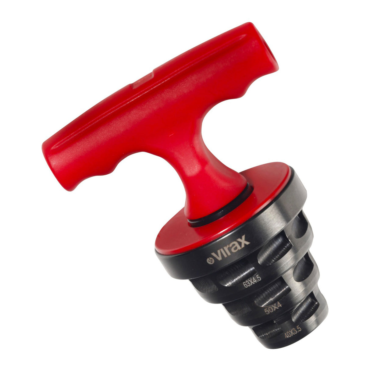 Outil Virax, ébavureur rouge et noir pour tubes de plomberie, poignée ergonomique.