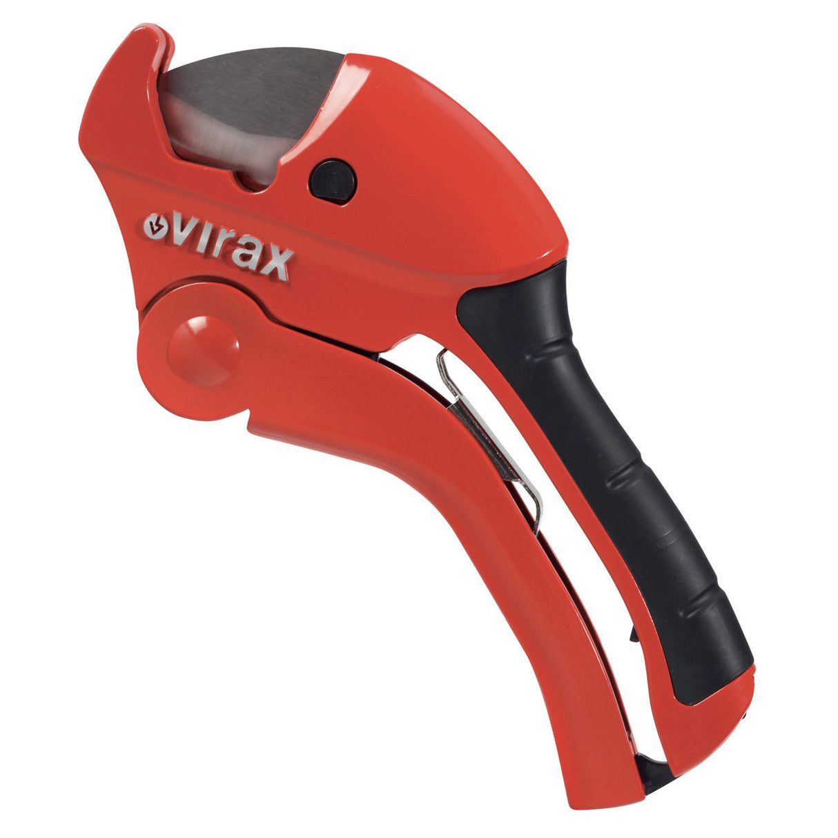 Coupe-tube Virax, outil de plomberie rouge et noir, poignée ergonomique.