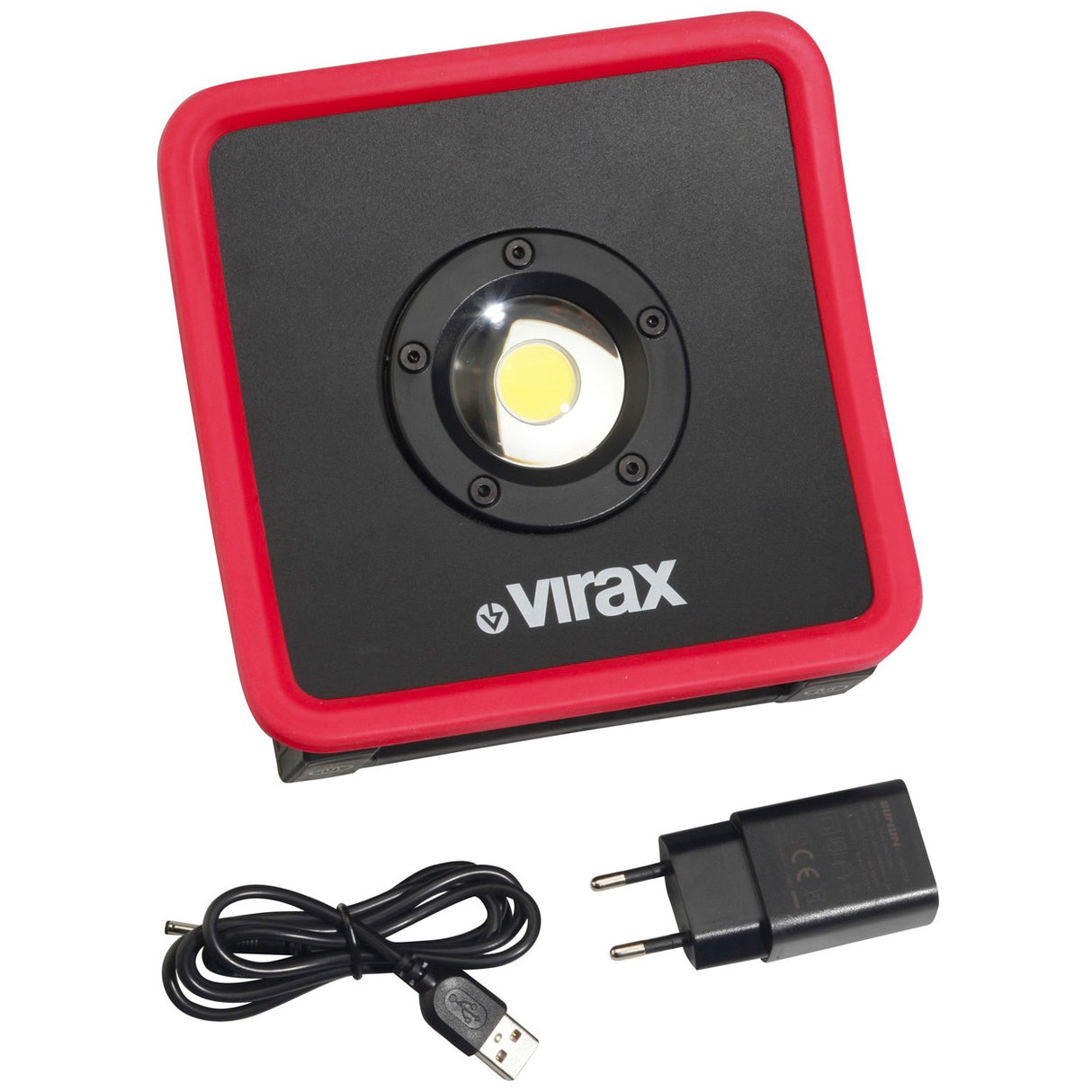 Projecteur LED Virax noir et rouge avec chargeur USB, outil de chantier portable