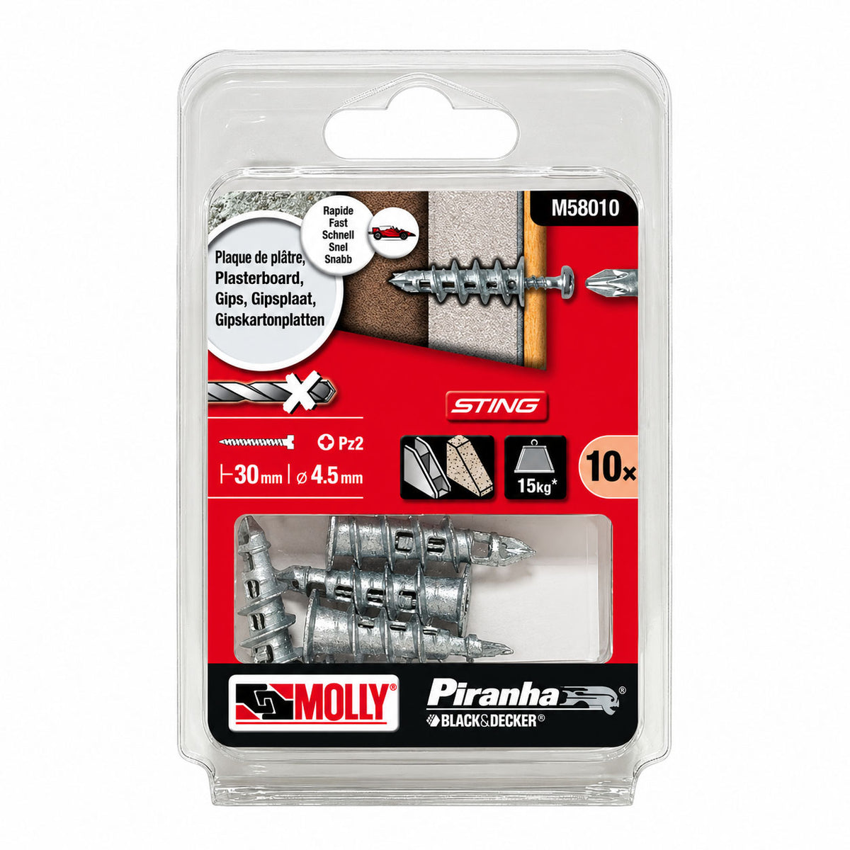 Molly 10 Chevilles auto-foreuses Sting M4 x 39 mm avec vis - Mister PRO