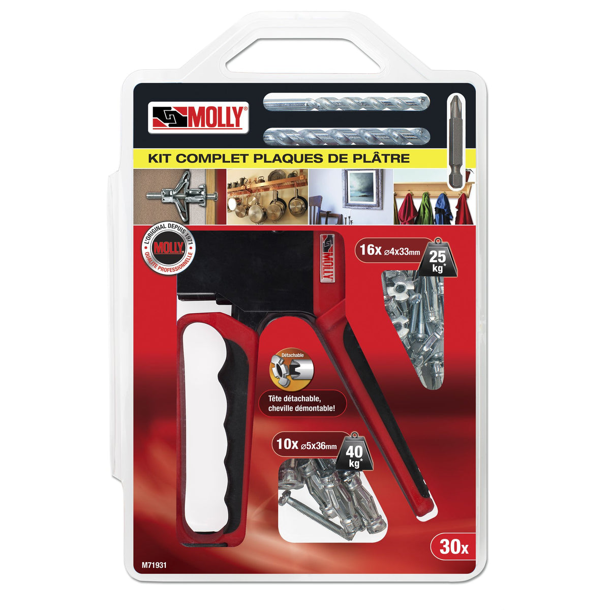 Kit Molly 26 chevilles + pince : 16 Ø 4 x 33 mm + 10 Ø 5 x 36 mm + Outil de pose + 2 forets 8 mm et 11 mm + 1 embout PH2 - Mister PRO