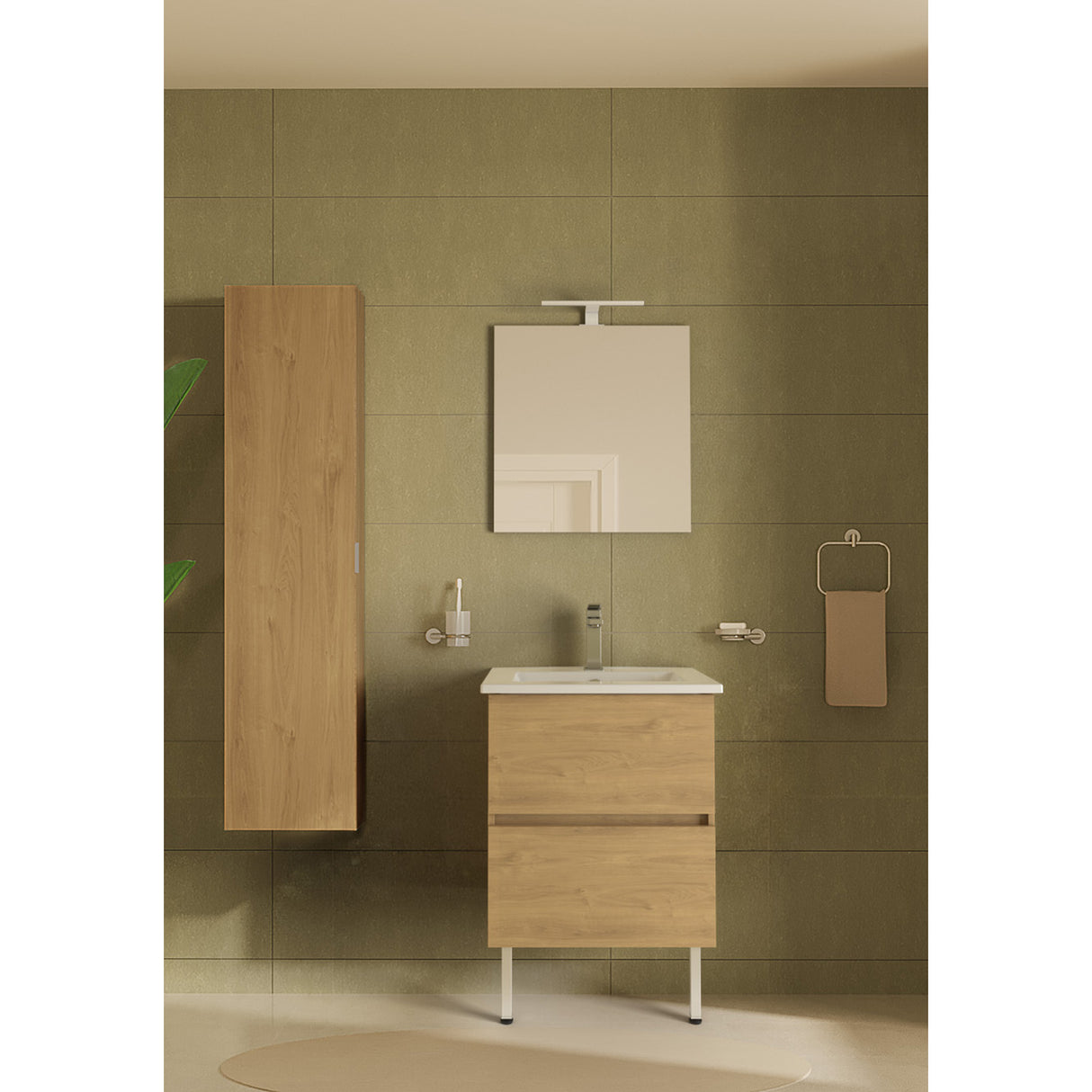 Meuble de salle de bain bois clair marque INDA, type armoire et lavabo, couleur bois naturel.
