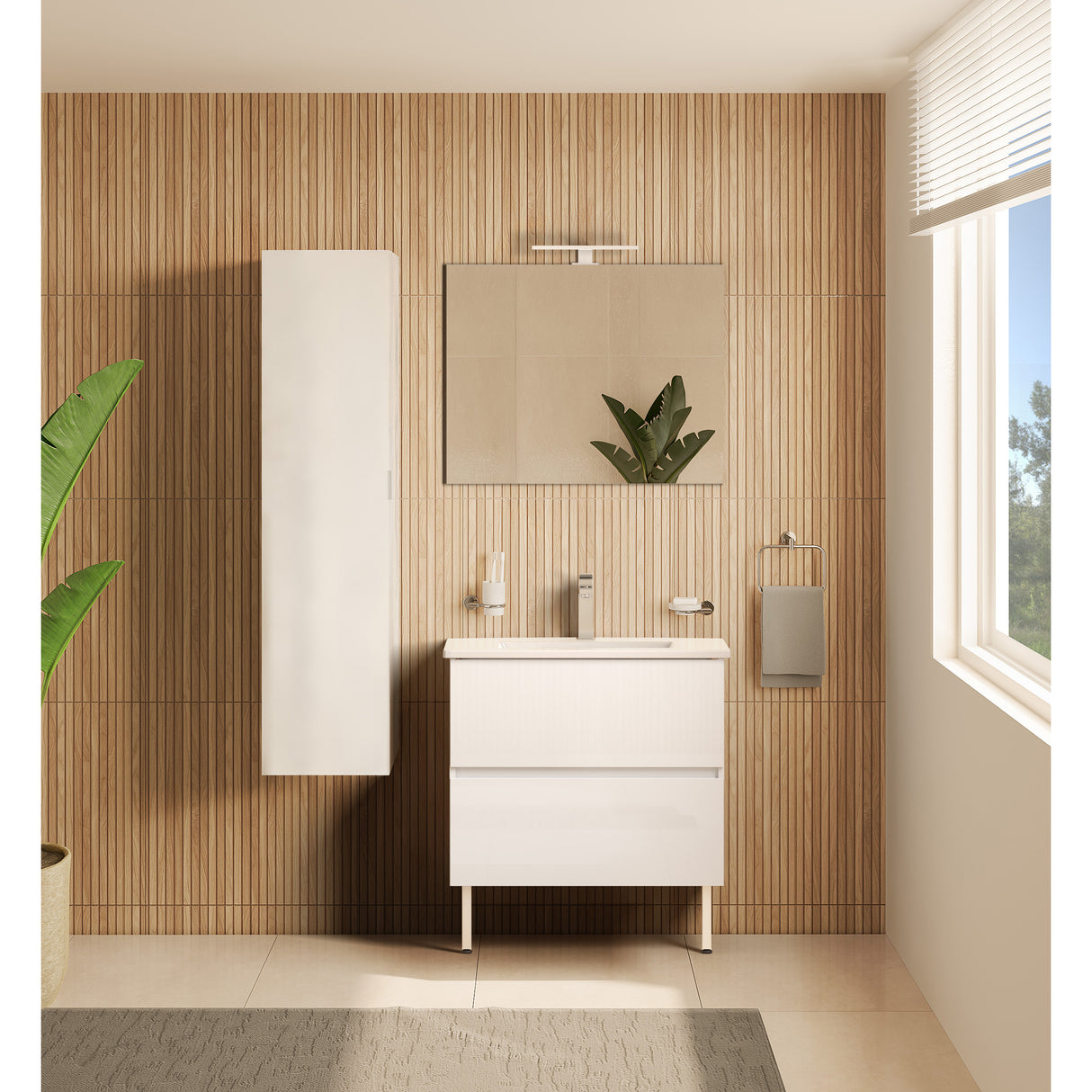 Ensemble meuble salle de bain blanc, marque Royo, avec miroir et rangement, design moderne.