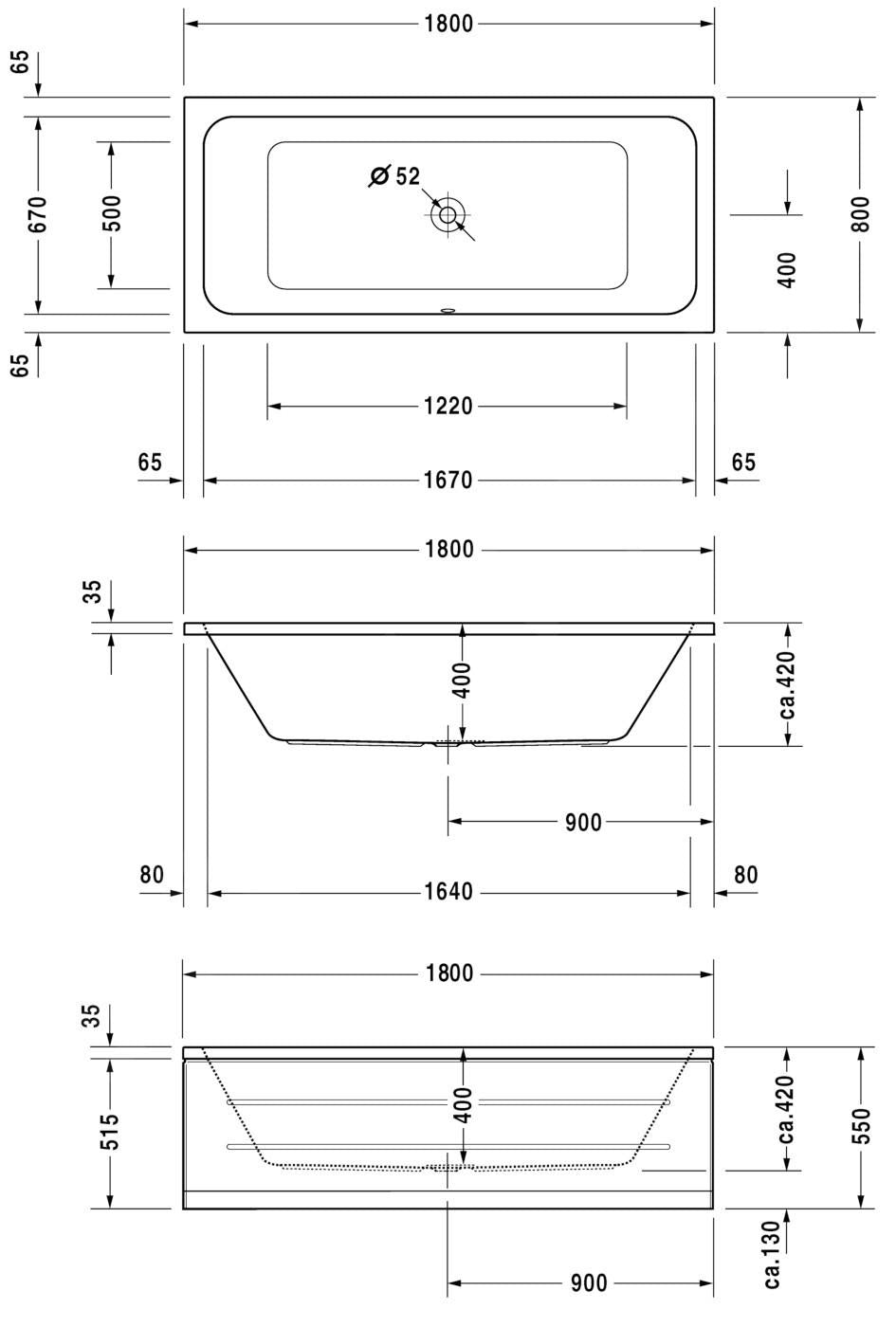 Baignoire blanche Grohe rectangulaire, dimensions 180x80 cm, plan technique détaillé.
