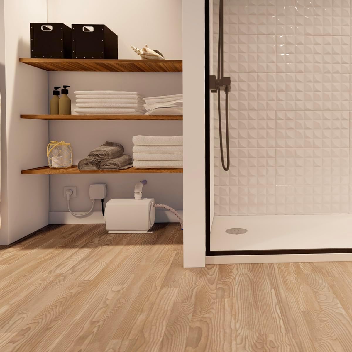 Pompe de relevage Sanifloor+ SFA avec bonde Ø90 pour receveurs extra-plat, vue de face, en fonctionnement.