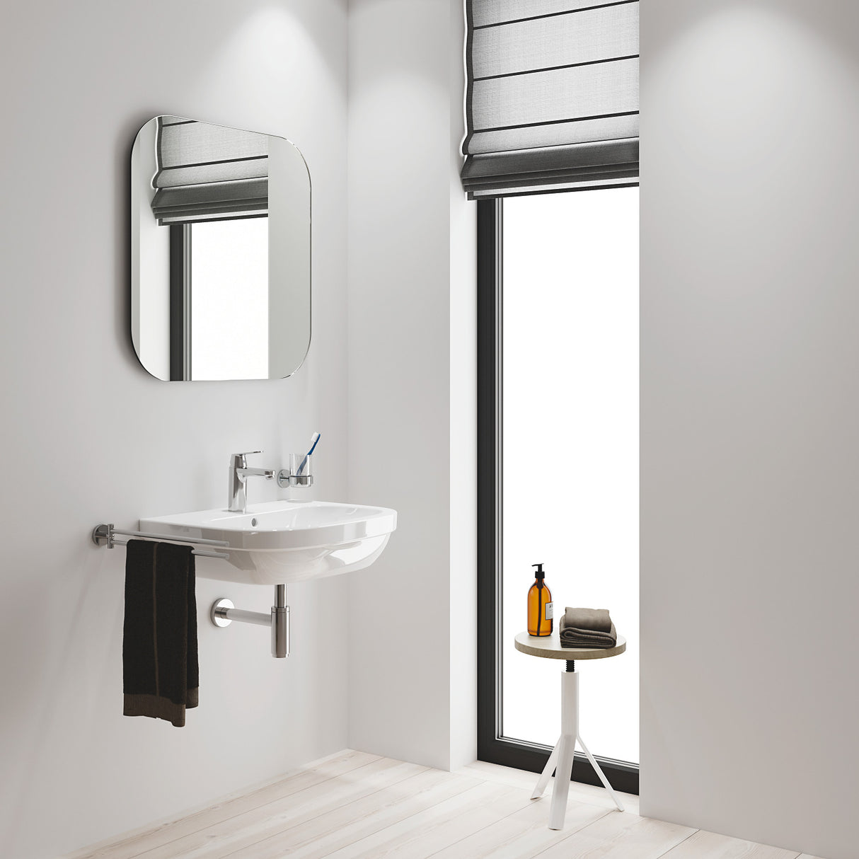 Lavabo blanc Grohe mural, céramique, salle de bain moderne, robinet chromé