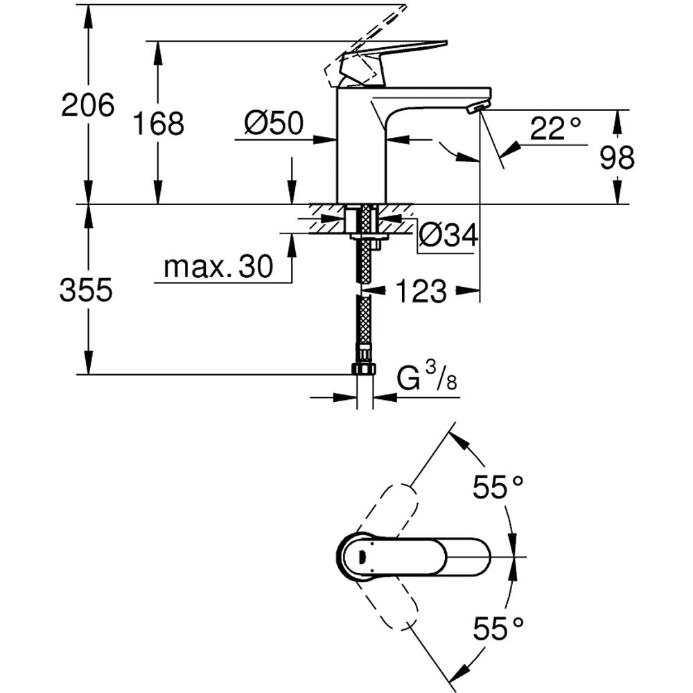 Schéma technique mitigeur Grohe, robinet mélangeur, couleur chromé, dimensions détaillées.