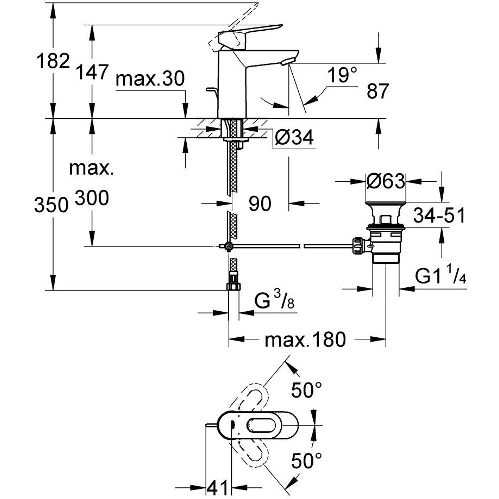 Schéma technique mitigeur lavabo Grohe, robinet chrome, dimensions et angles détaillés