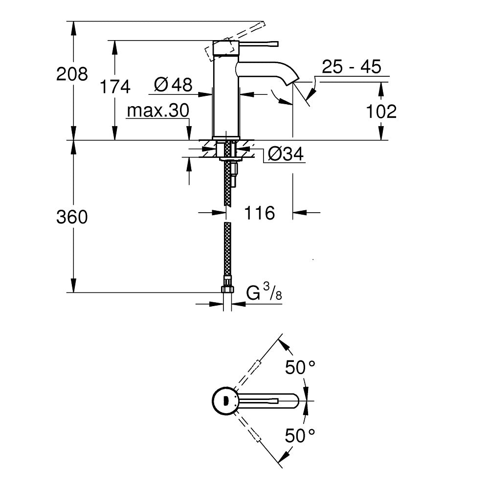 Mitigeur lavabo chromé Grohe, schéma technique avec dimensions précises.
