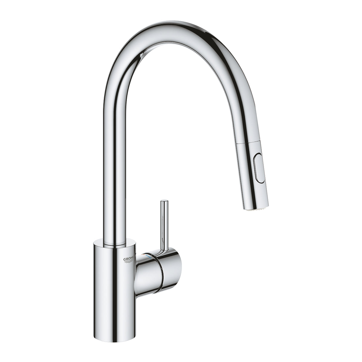 Mitigeur de cuisine Grohe chromé, robinet mélangeur moderne avec douchette extractible.