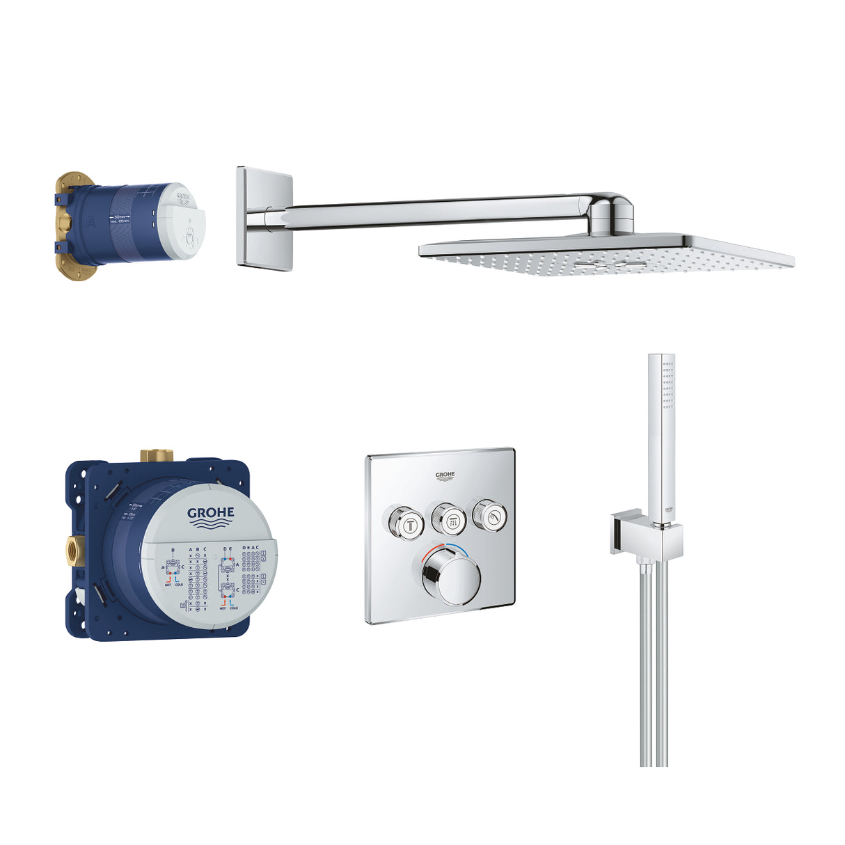 Kit de douche Grohe, ensemble mitigeur thermostatique, chromé, design moderne.