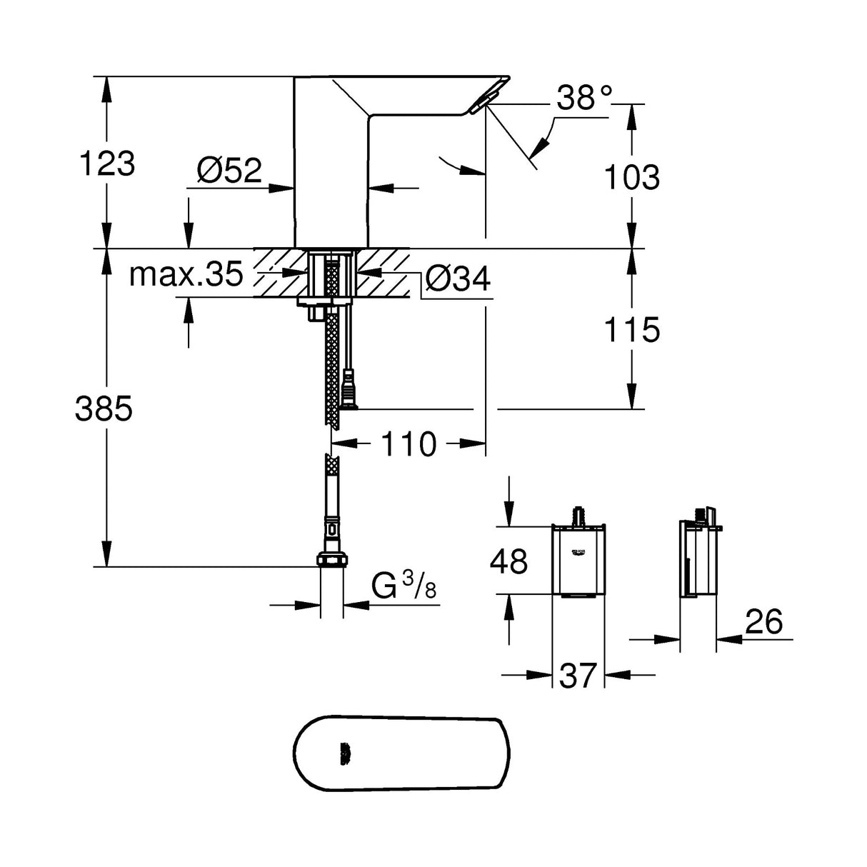 Mitigeur Grohe, robinet lavabo chromé, schéma technique avec dimensions détaillées