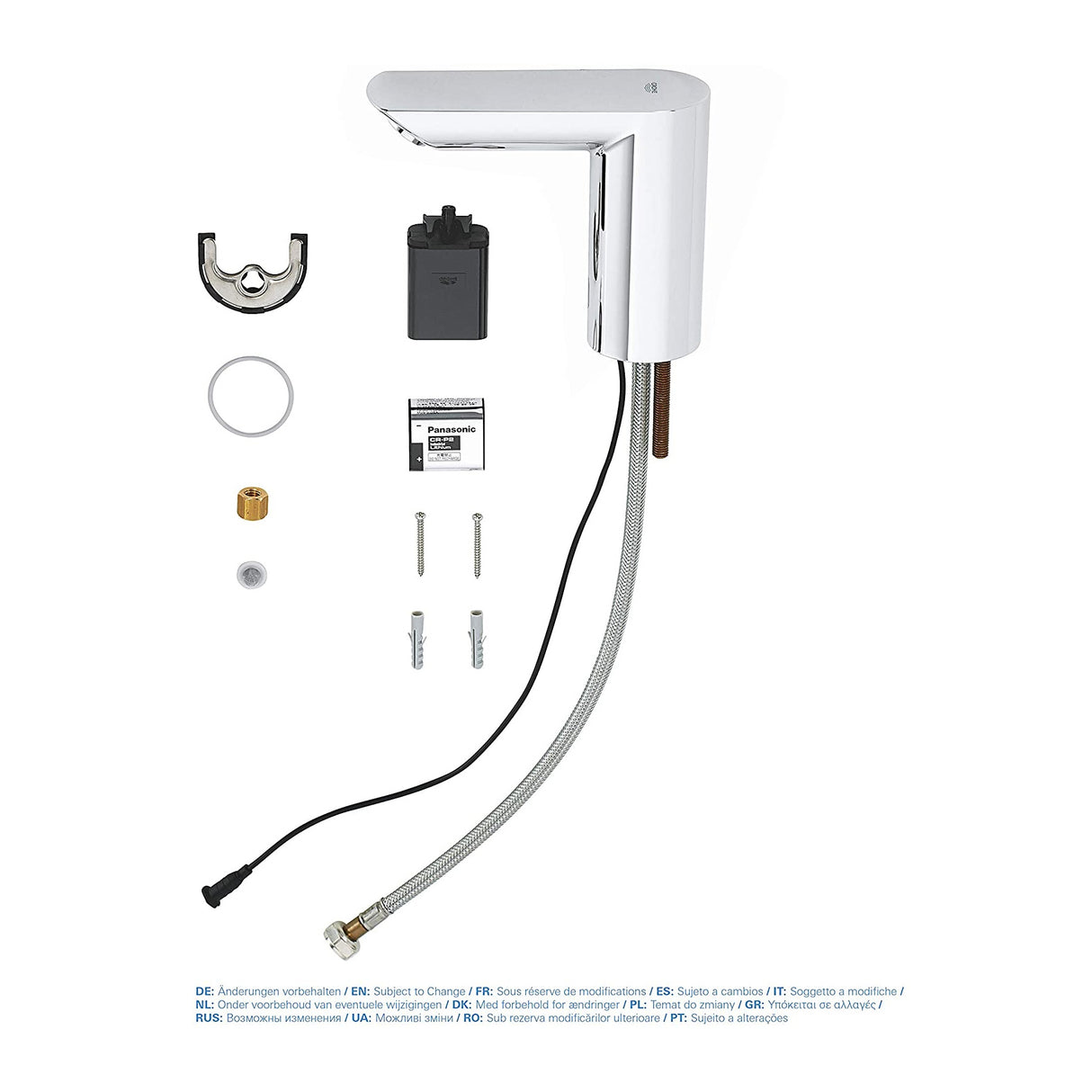 Mitigeur Grohe, robinet automatique chromé, accessoires de montage inclus.