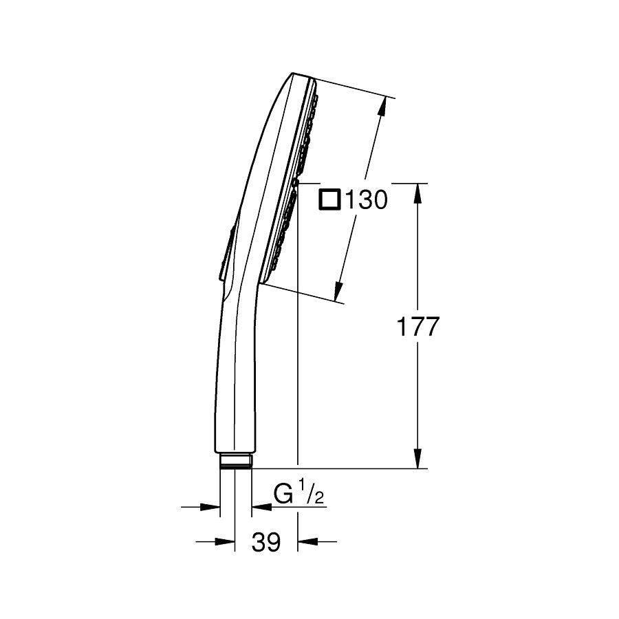 Douchette Grohe, type pommeau de douche, couleur chrome, schéma avec dimensions.