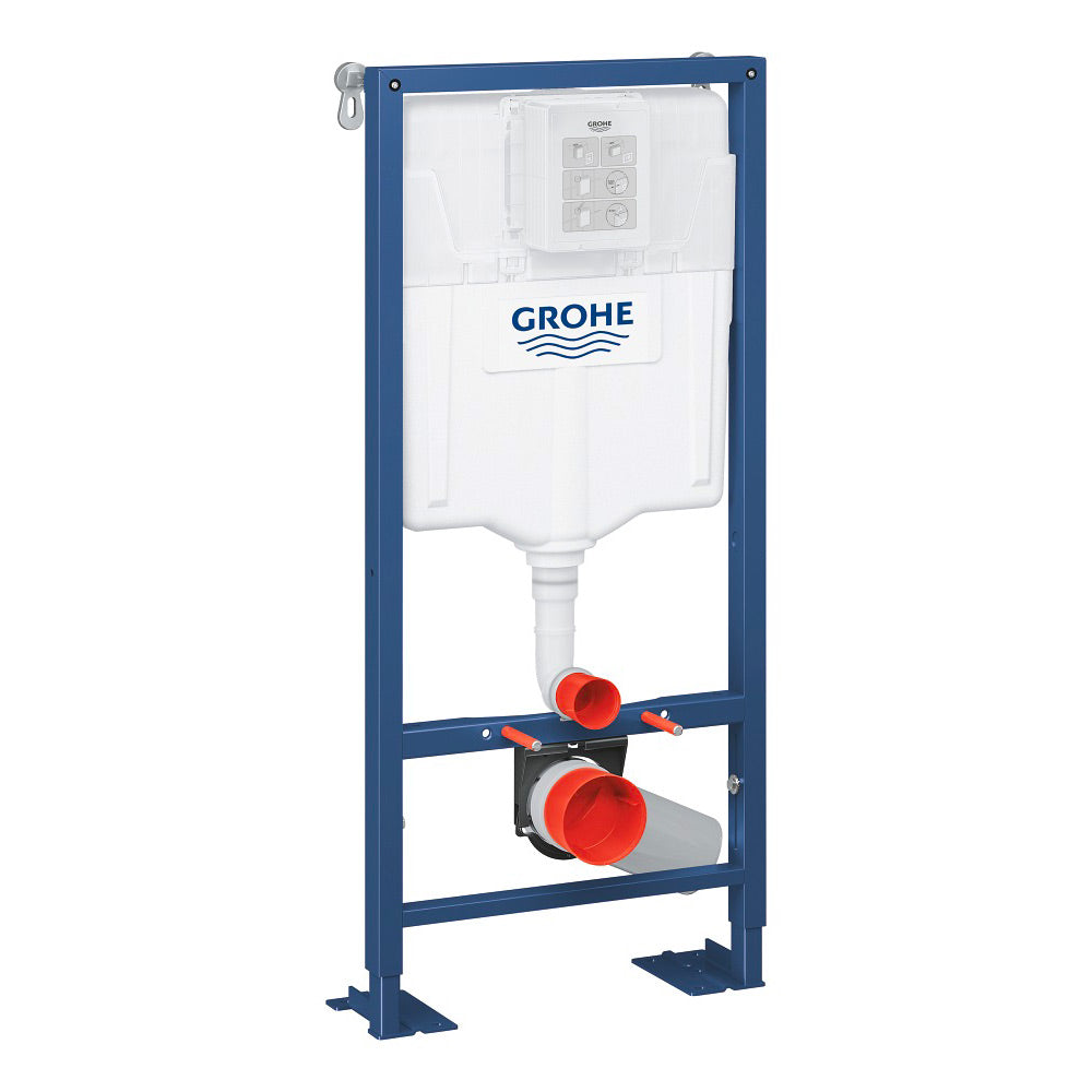 Bâti-support Grohe pour WC suspendu, structure métallique bleue et réservoir blanc.
