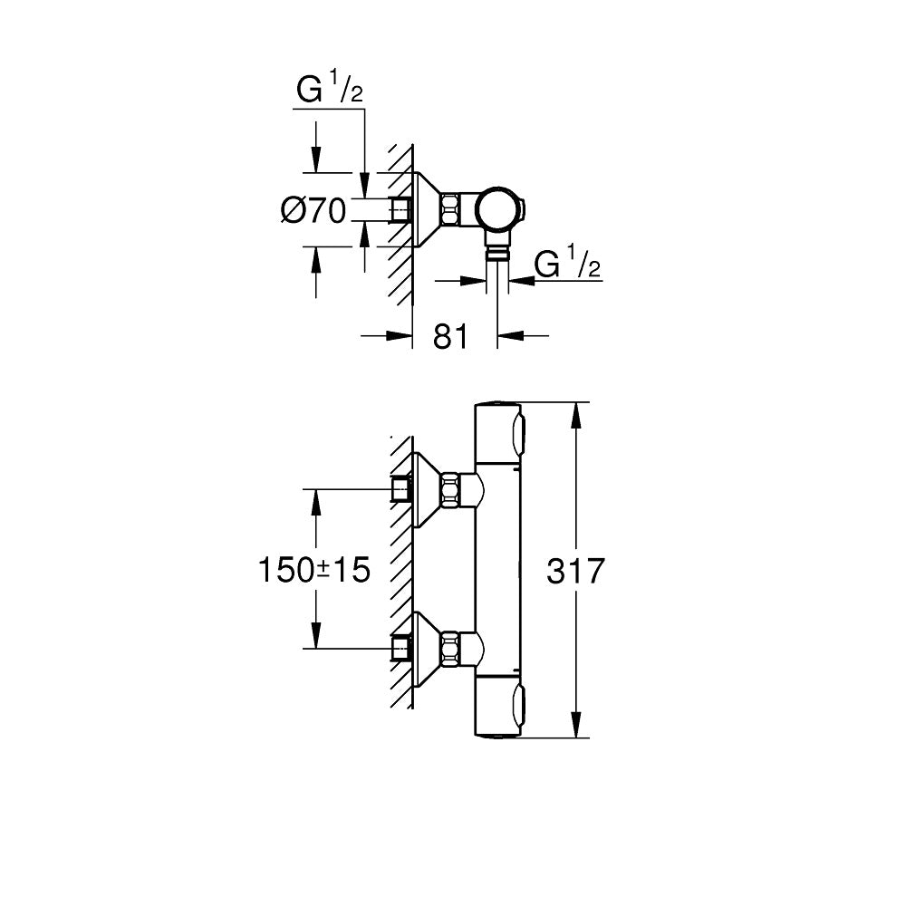 Schéma technique mitigeur thermostatique Grohe, robinetterie, chrome, dimensions indiquées.