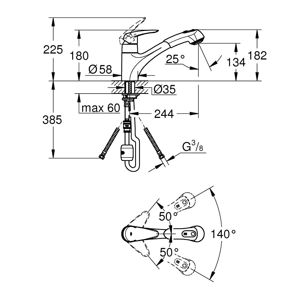 Mitigeur Grohe pour évier, chromé, schéma technique avec dimensions détaillées.