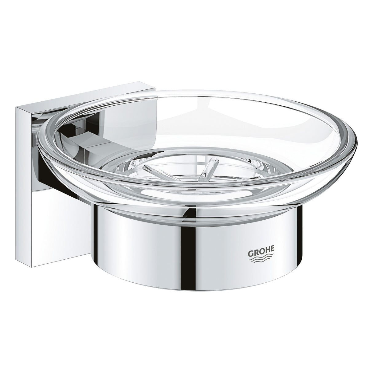 Porte-savon mural Grohe, accessoire salle de bain, couleur chromée et verre transparent.