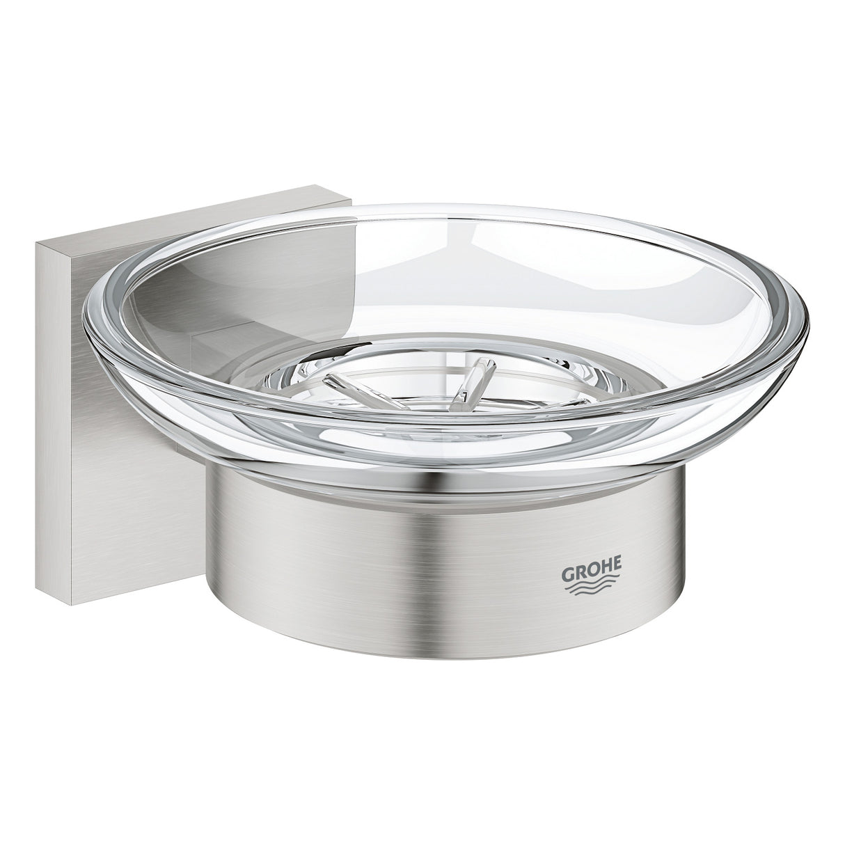 Porte-savon mural Grohe, accessoire salle de bain, couleur inox et verre transparent.