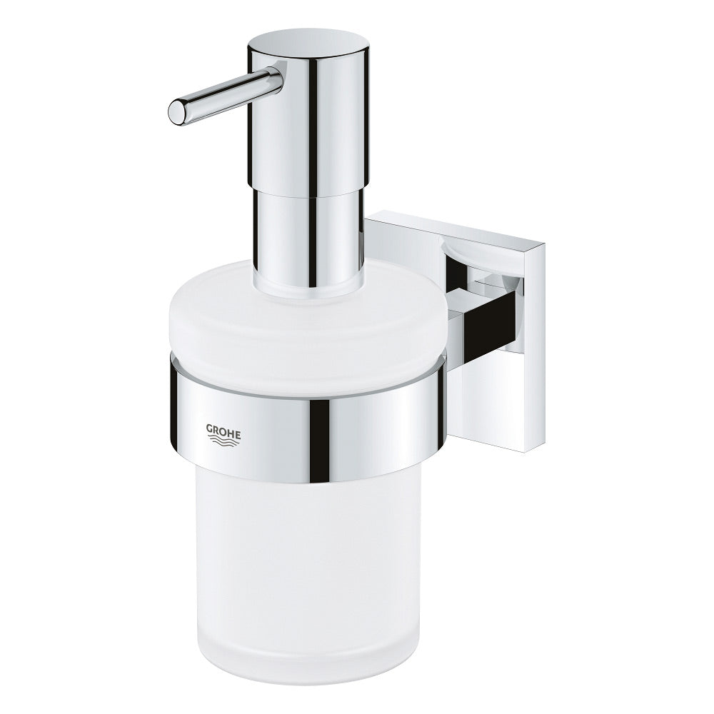 Distributeur de savon mural Grohe, couleur chrome et blanc, accessoire salle de bain