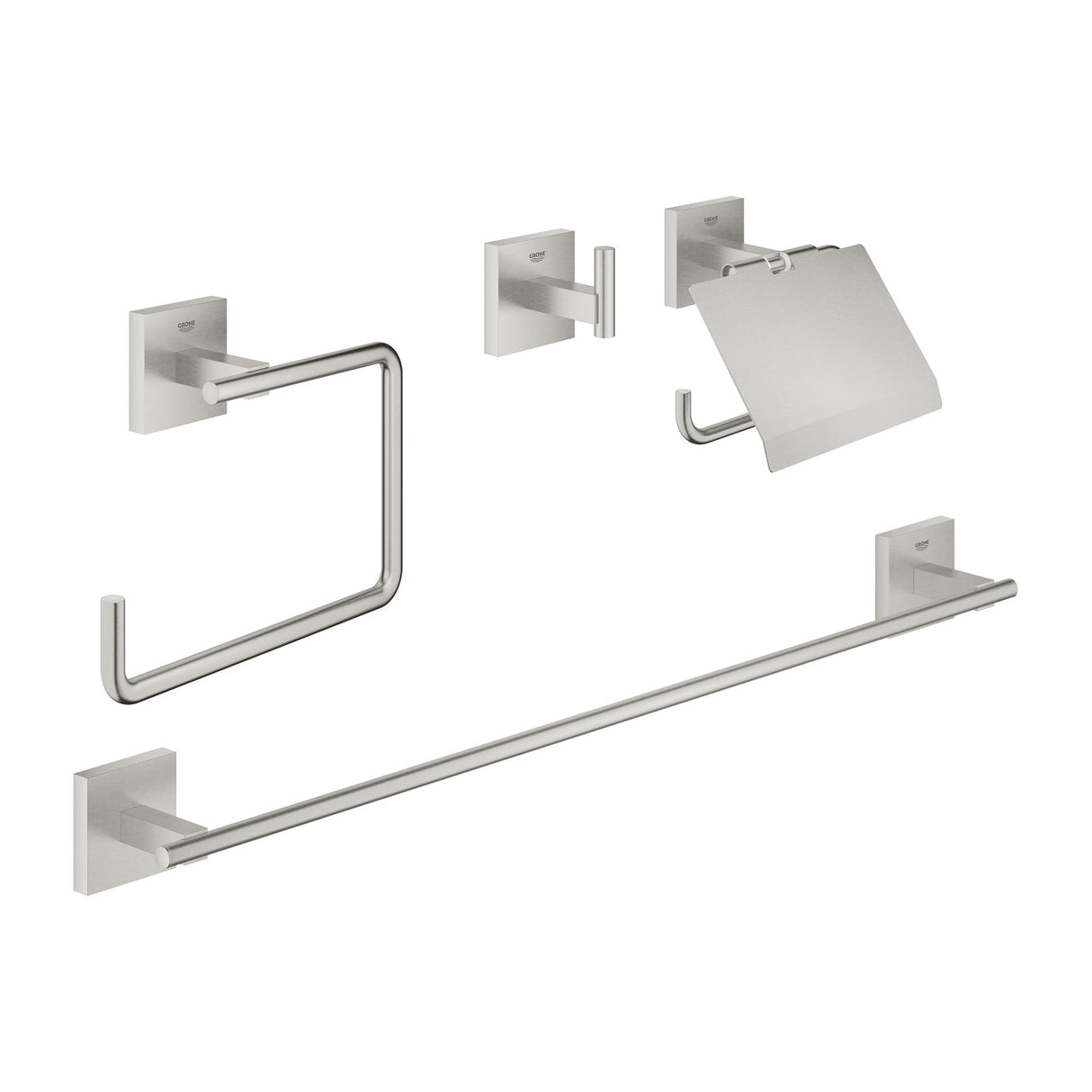 Set d'accessoires salle de bain Grohe, inox brossé, porte-serviettes, porte-papier, crochet mural.