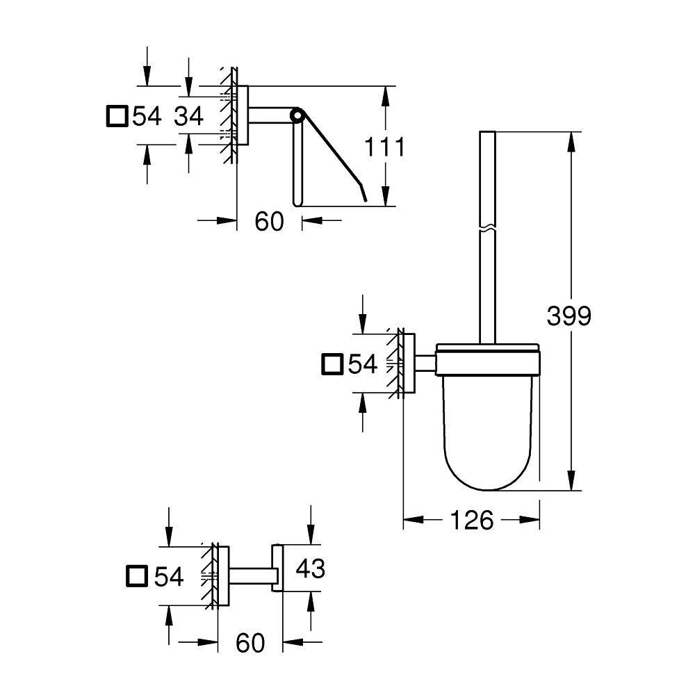 Schéma technique porte-brosse WC mural Grohe, porte-brosse blanc avec dimensions détaillées.