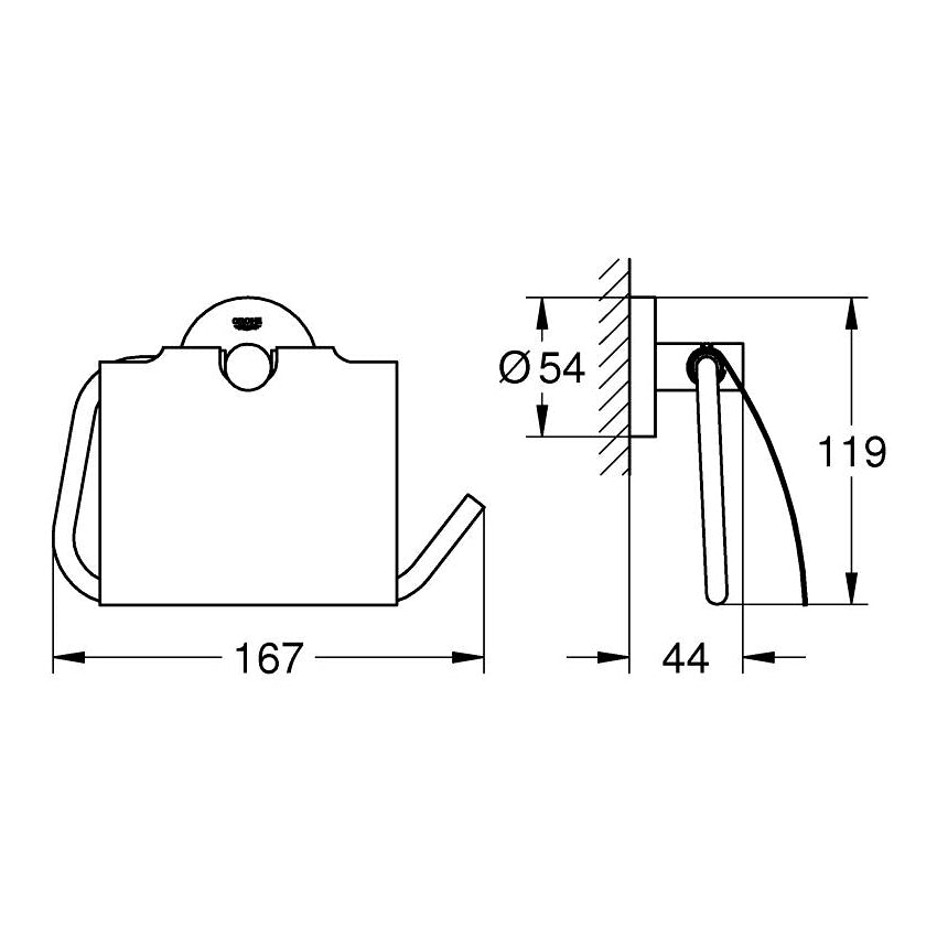 Porte-papier toilette Grohe, accessoire mural, chrome, dessin technique avec dimensions