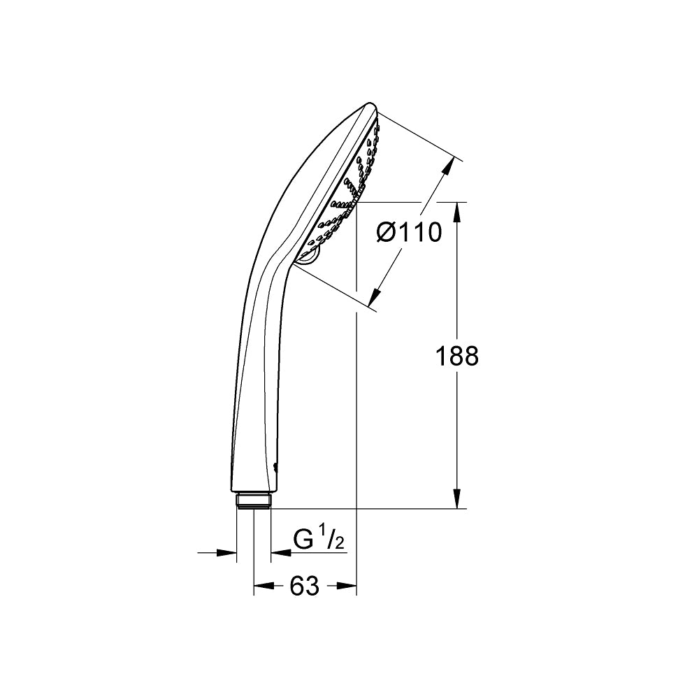 Pommeau de douche Grohe, type douchette, couleur chrome, schéma avec dimensions.