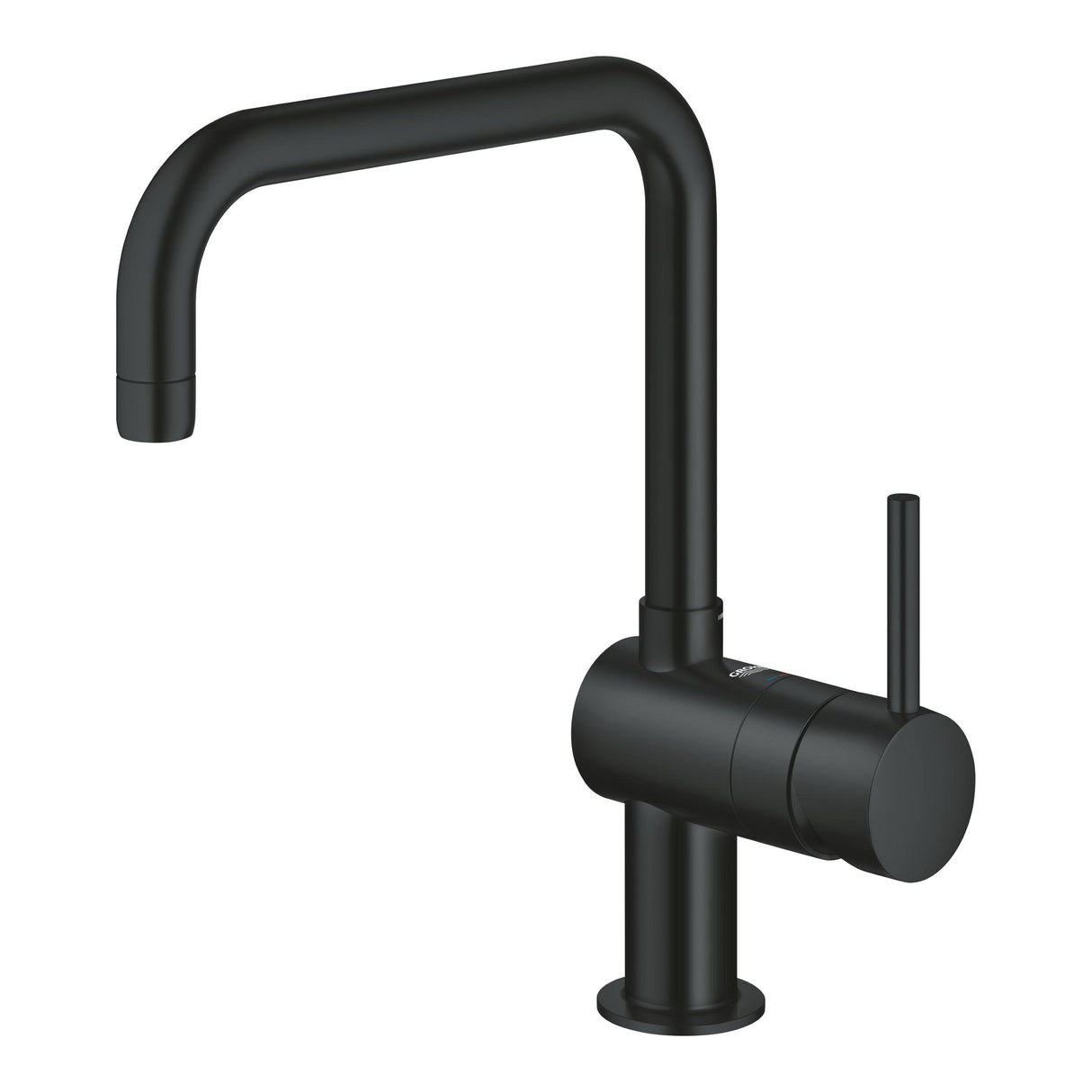 Mitigeur Grohe, robinet de cuisine noir, design moderne, bec pivotant.