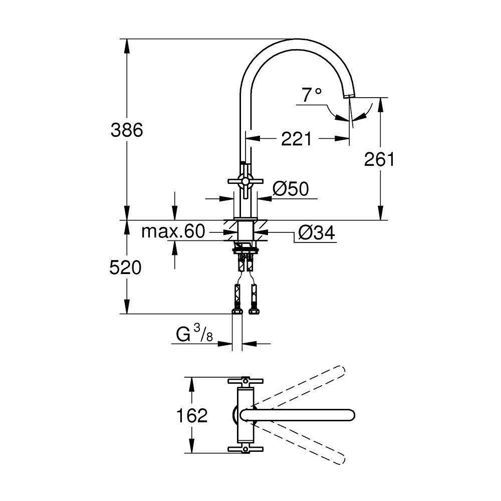 Schéma technique robinet Grohe, mitigeur cuisine, couleur chrome, avec dimensions détaillées