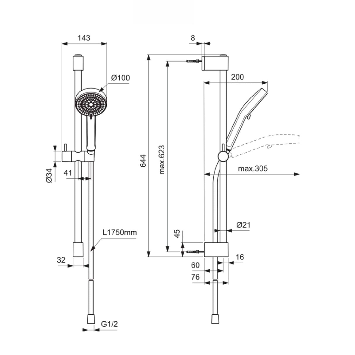 Set de douche avec barre 60cm et douchette Ø10 2 jets IDEALRAIN ALU+ chrome et noir