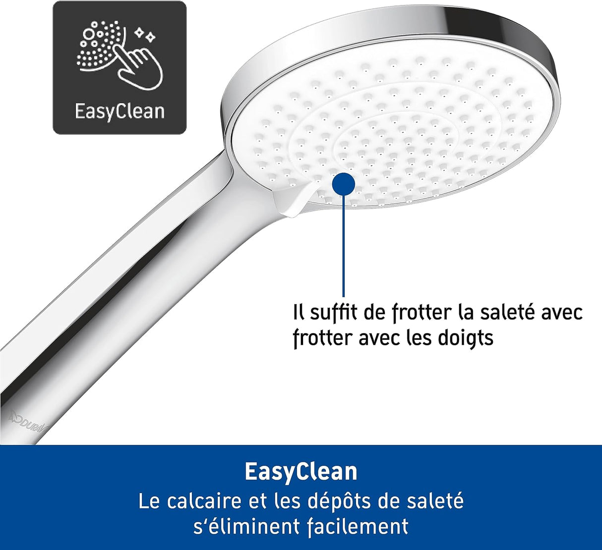Pommeau de douche chromé Duravit, sanitaire, système EasyClean, couleur argentée.