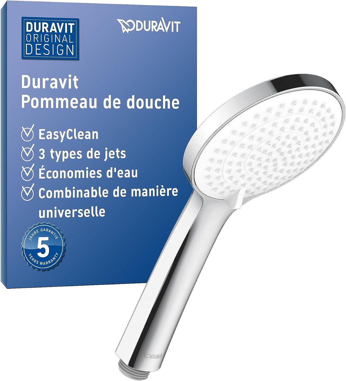 Pommeau de douche Duravit, chromé, trois types de jets, couleur argentée.