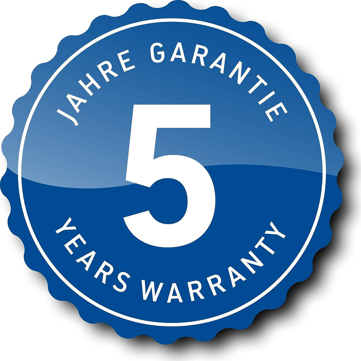 Autocollant Grohe, label garantie 5 ans, bleu, type badge promotionnel.