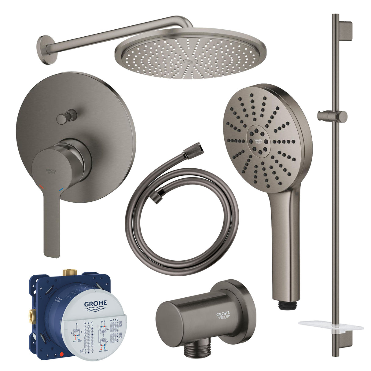 GROHE Pack douche encastré avec mitigeur monocommande + douchette +barre de douche + douche de tête + flexible + coude