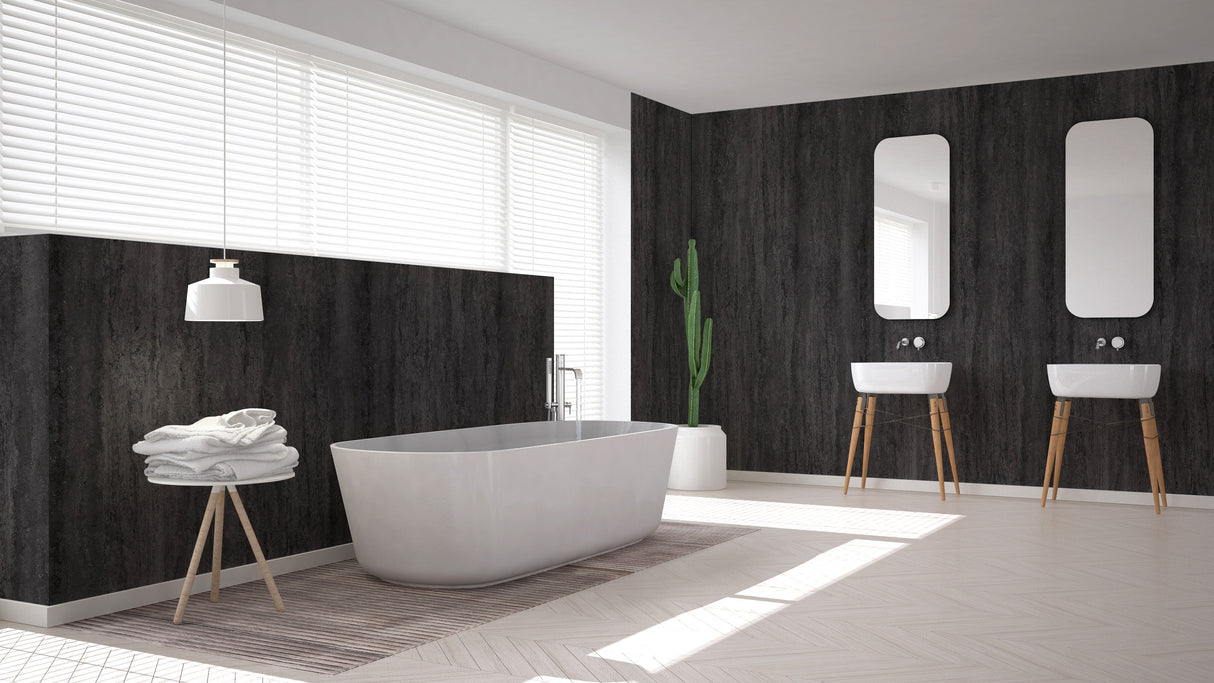 Salle de bain moderne avec panneau mural Vipanel, type décoratif, couleur pierre noire, ambiance élégante.