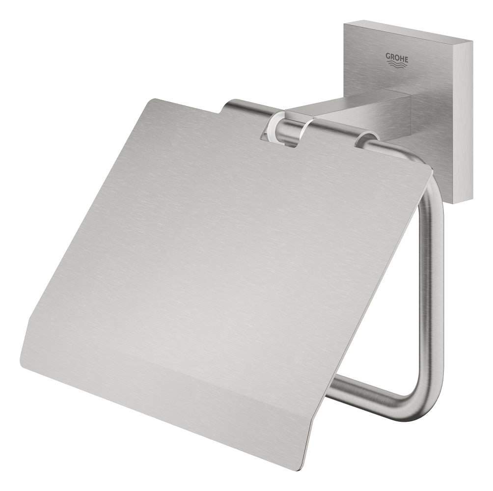 Porte-papier toilette Grohe mural en inox brossé, design moderne, couleur argent.