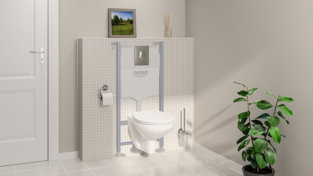 Bâti-support WC Grohe, structure encastrable, couleur blanc, dans salle de bain moderne.