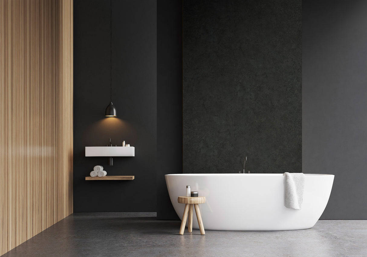 VIPANEL panneau mural, type alu composite, couleur ardoise noire, dans salle de bain moderne